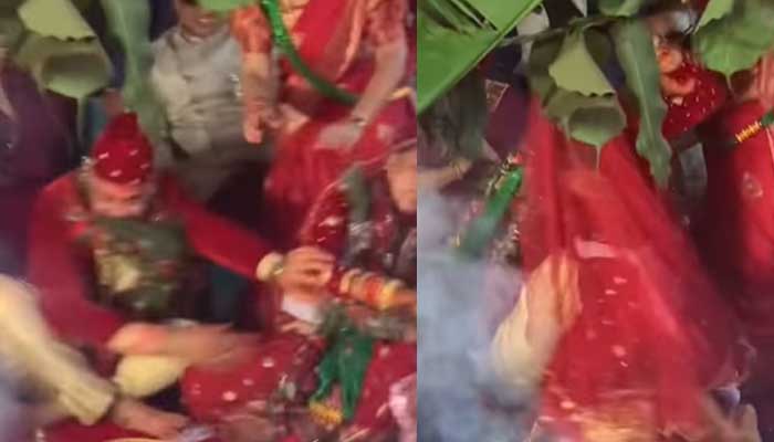 বিয়ের পিঁড়িতে বসে বর-কনের মারামারি